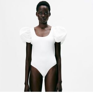 NWT. Zara White Zara Balloon Sleeves Swimsuit. Size SM. Bachelorette/Honeymoon